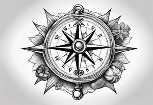 Pirate themed compass with oyster and pearl and a starfish as the directions on the compass tattoo idea