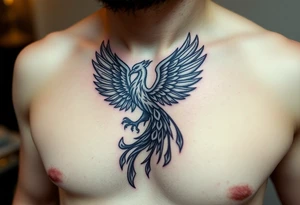 magnificent phoenix rising from golden flames with trailing embers made into a Irish family crest with dark and Demonic features tattoo idea