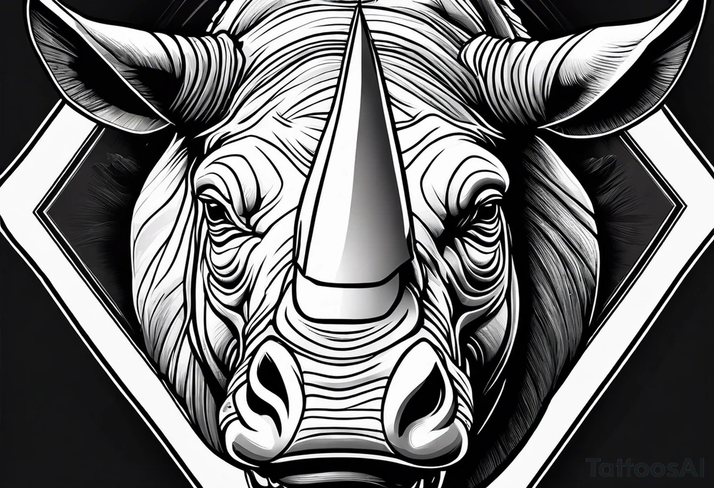 A front-facing rhino head with a sharp elongated tusk that appears angry and fierce tattoo idea