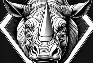 A front-facing rhino head with a sharp elongated tusk that appears angry and fierce tattoo idea