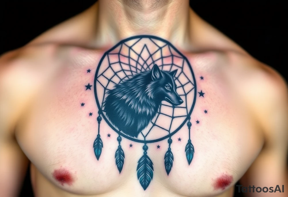A wolf’s silhouette within a dreamcatcher, with stars scattered across the background. The wolf is shaded in black and gray, and the dreamcatcher is deep indigo with teal accents tattoo idea