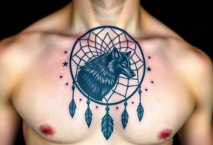 A wolf’s silhouette within a dreamcatcher, with stars scattered across the background. The wolf is shaded in black and gray, and the dreamcatcher is deep indigo with teal accents tattoo idea