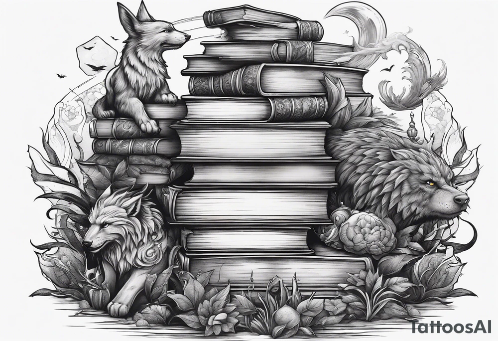 Stack of books surrounded by fantasy creatures tattoo idea