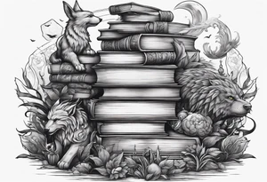 Stack of books surrounded by fantasy creatures tattoo idea