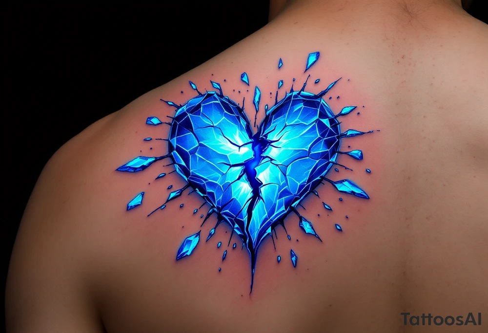 A heart made of blue ice, cracking apart, with glowing cyan shards floating around, representing a love turned cold tattoo idea