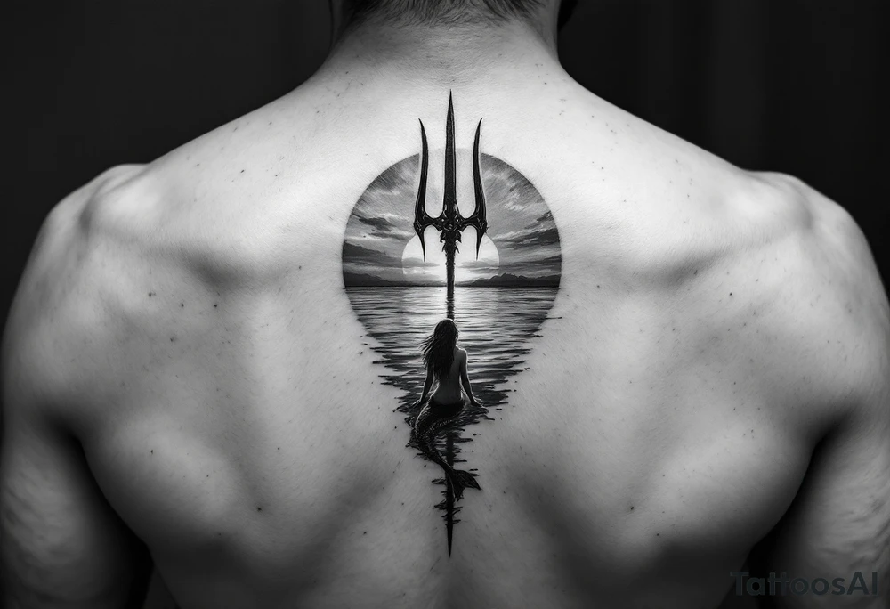 trident half way under calm water with mermaid at sunset tattoo idea
