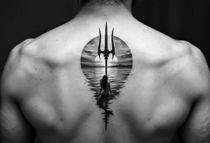 trident half way under calm water with mermaid at sunset tattoo idea