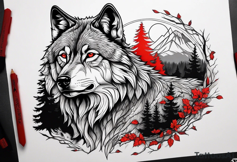 wolf with red eyes date 13/02/2022 in roman numerals forest background tattoo idea