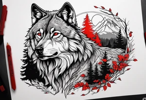 wolf with red eyes date 13/02/2022 in roman numerals forest background tattoo idea
