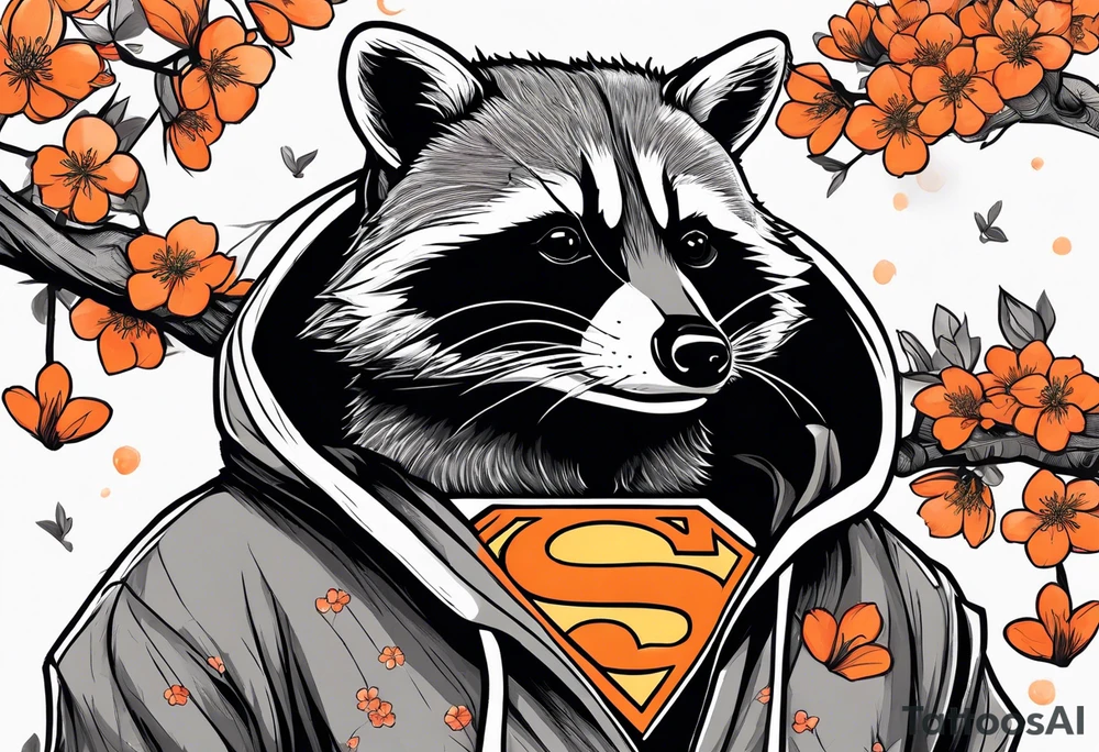 raccoon wearing a black and white Superman hoodie and orange Japanese cherry blossoms tattoo idea