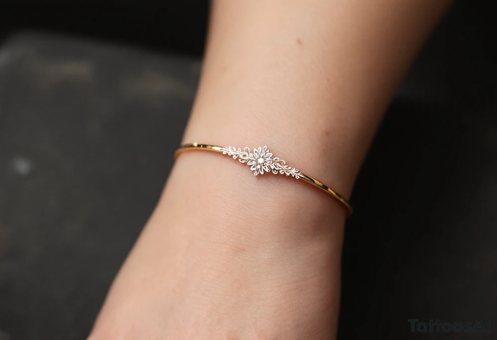 A thin, delicate gold band with intricate white filigree engravings, symbolizing timeless elegance and devotion. tattoo idea