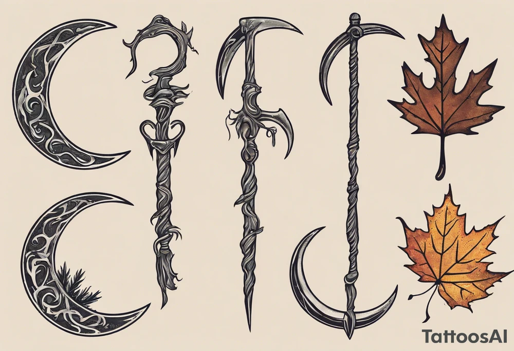 A druid sickle in the shape of a 1/4 moon, the handle has a acorn on the hilt, on the opposite side of the sickle there are four leafs,  an oak leaf in the spring, a birch leaf in the summer, a maple leaf with fall colors, and a pine leaf in the winter tattoo idea