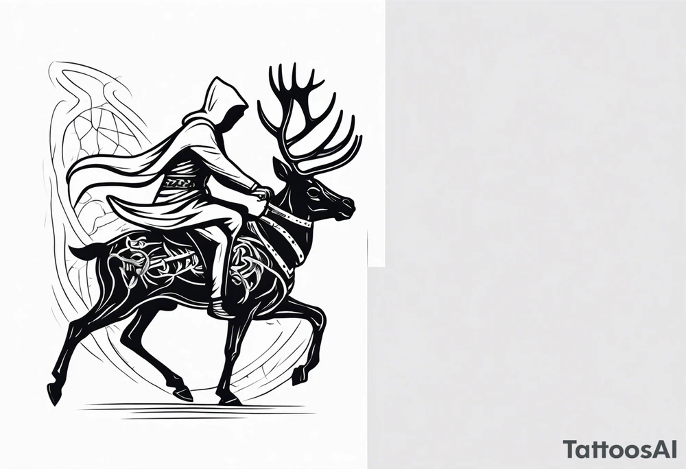 Hooded figure riding on a reindeer skeleton tattoo idea
