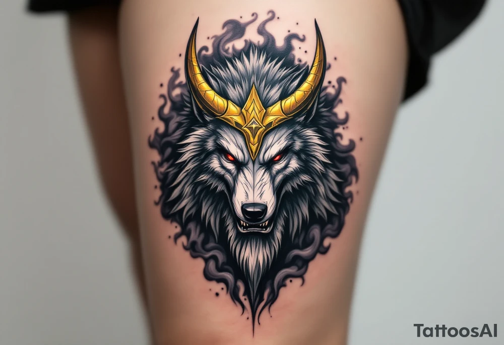 Radegast – A fierce full body warrior god with a wolf head, wearing a golden horned helmet, his armor shimmering in silver-gray, with blood-red eyes and smoke behind. tattoo idea