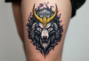 Radegast – A fierce full body warrior god with a wolf head, wearing a golden horned helmet, his armor shimmering in silver-gray, with blood-red eyes and smoke behind. tattoo idea