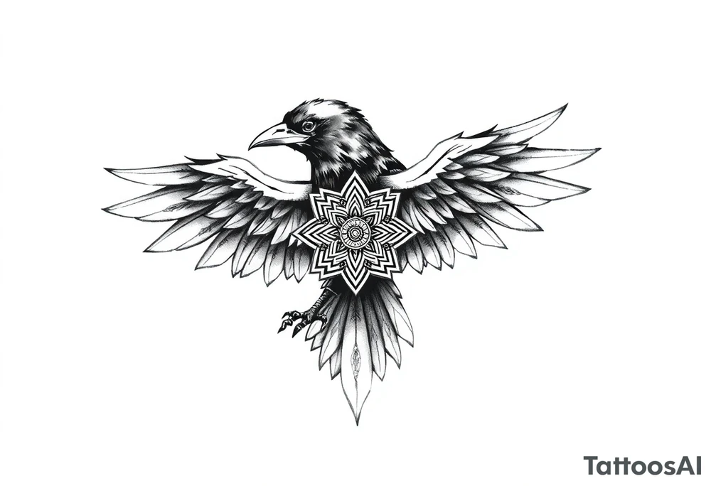 ominouse raven with mandala on its wings tattoo idea