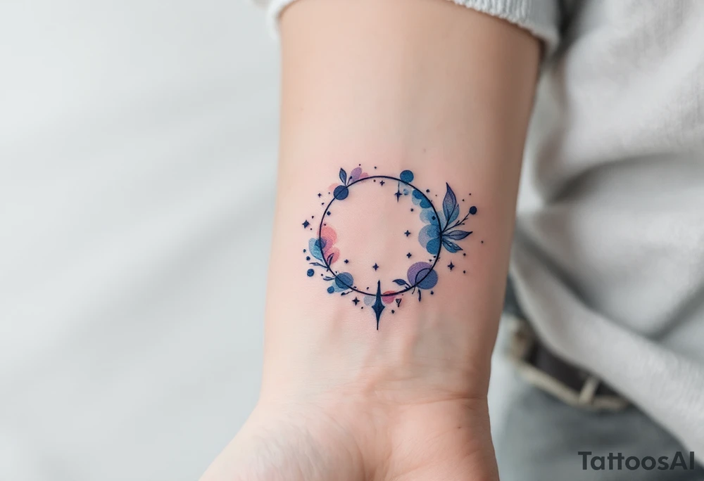Birth chart-inspired tattoo with "Nela – 19.7.2023 v 1:13" in cosmic navy blue. tattoo idea