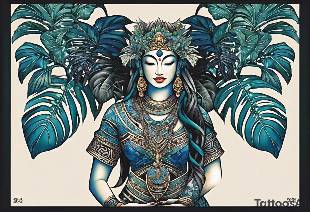 Ein blaues Tattoo über den ganzen Rücken aus orientalischen Fliesen, einem Bonsai, einem Monstera Ableger, Zitronen und Maori Stilelemente. Vertikal über der Wirbelsäule solte Perspektive mit teilweise verdrehten Buchstaben stehen. Abschließend an der hüfte entlang einen runden po zaubern. tattoo idea