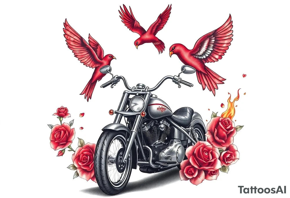 Harley grey motorcycle driving away, two red birds flying, roses, flames, angel wings tattoo idea