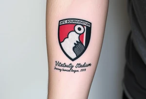 An afc Bournemouth badge fading into the top of the vitality stadium with writing of afc Bournemouth’s journey to the premier league and Steve fletcher celebrating tattoo idea