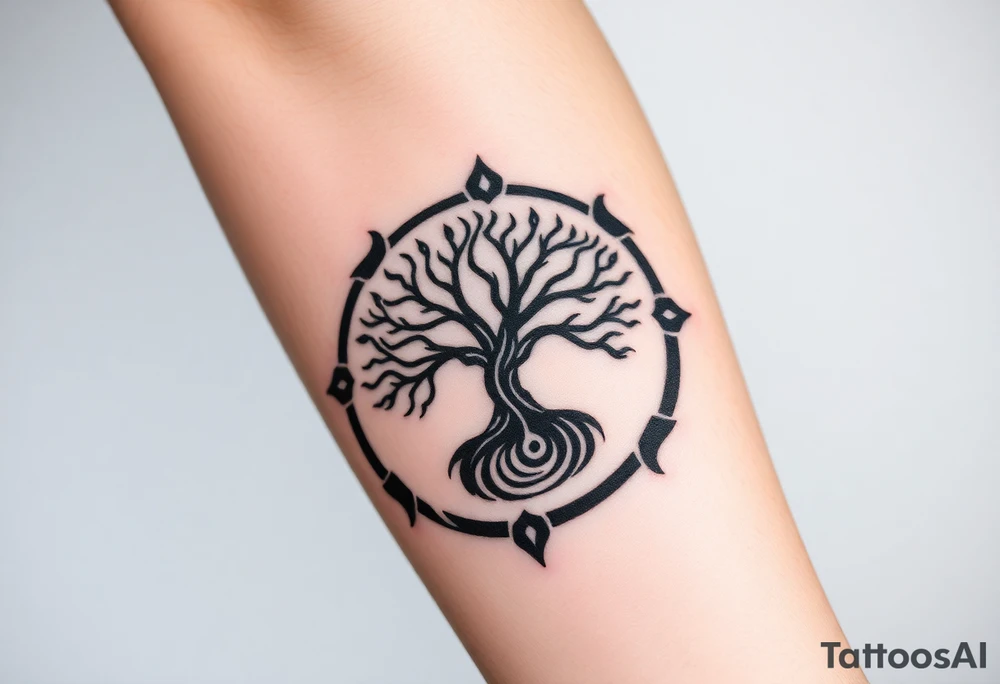 Tree encircled in a spiral circle coming from the center of the tree tattoo idea