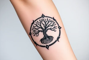 Tree encircled in a spiral circle coming from the center of the tree tattoo idea
