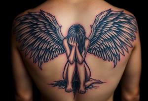 fallen angel Dante Mikha'el on her knees with great full wings, looking her darkened hand head down and her hair cover her half face tattoo idea