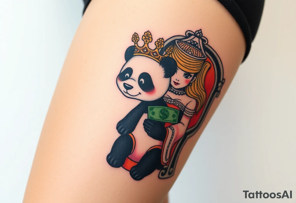 powerful superior panda with a crown, sexy princess on a throne holding hand out to be handed money tattoo idea
