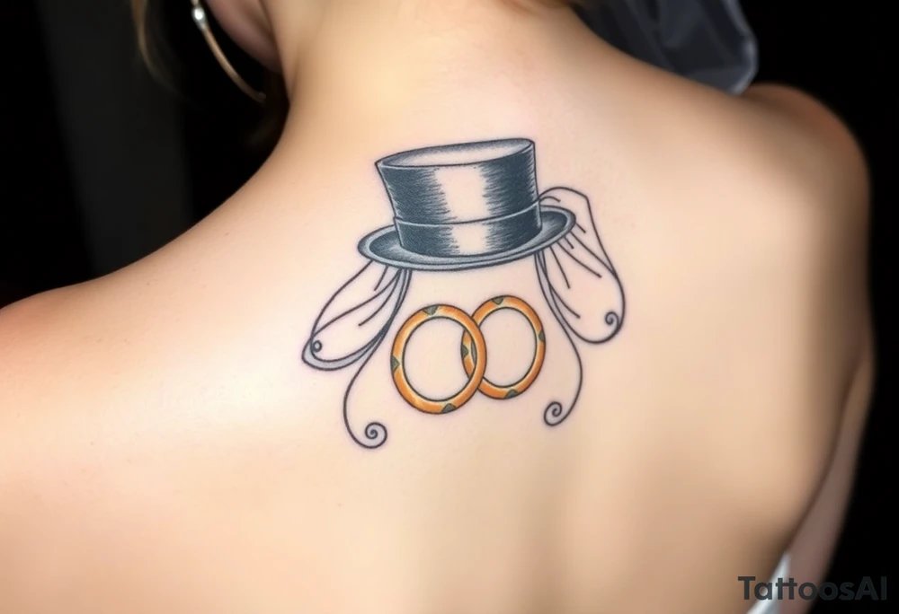 top hat and veil with two golden wedding rings tattoo idea