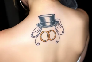 top hat and veil with two golden wedding rings tattoo idea