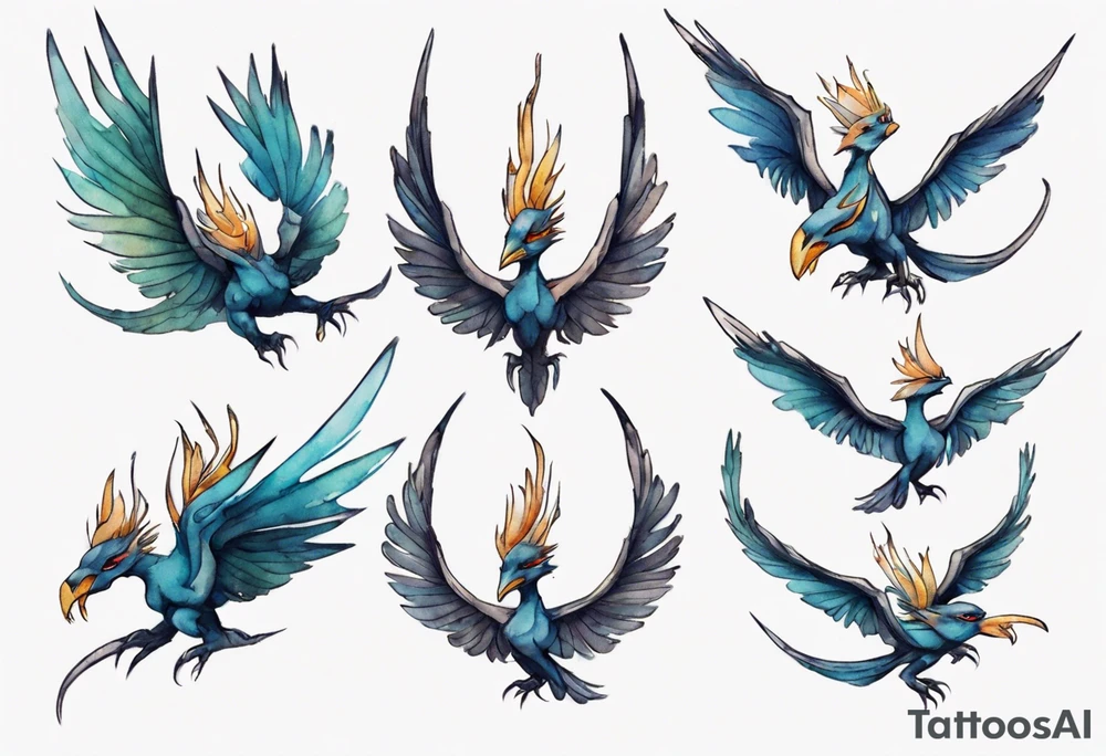 a bird-wyvern hybrid wearing a minimalist crown, flying tattoo idea