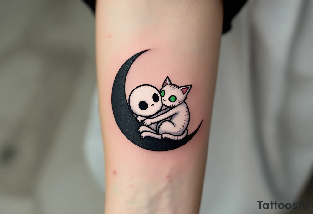 Tim Burton’s ghost and stitched cat glows faintly white with sunken green eyes, curled on a black crescent moon. tattoo idea