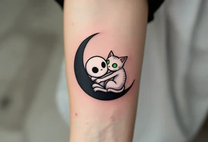 Tim Burton’s ghost and stitched cat glows faintly white with sunken green eyes, curled on a black crescent moon. tattoo idea