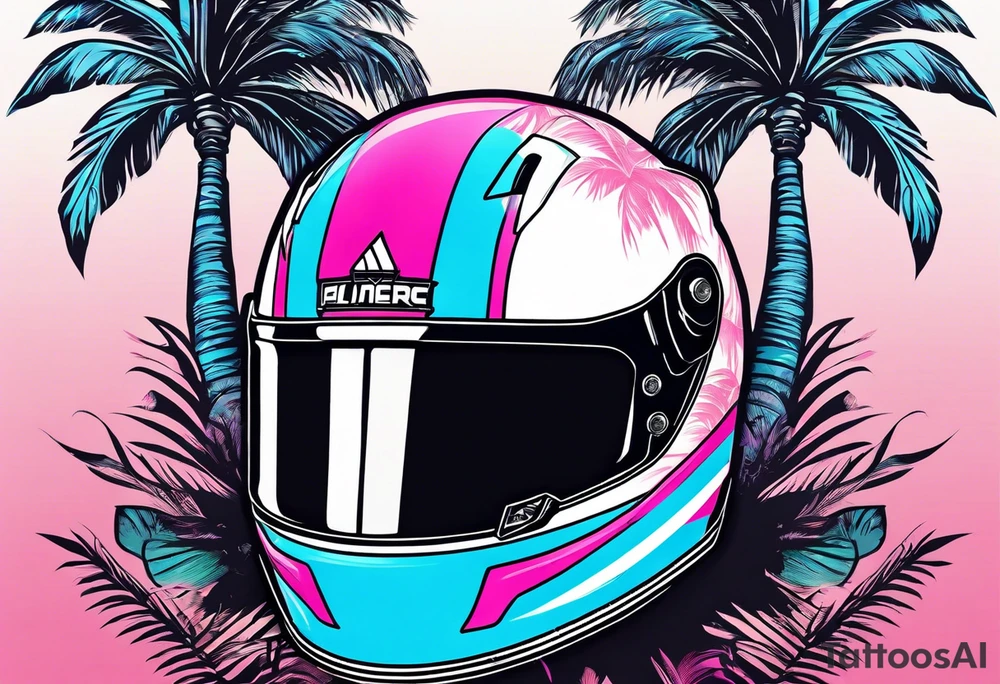 Formula 1 helment with a palm tree and black pink and light blue color tattoo idea
