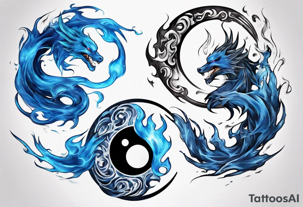 Blue fire mix with ying and yang symbol tattoo idea