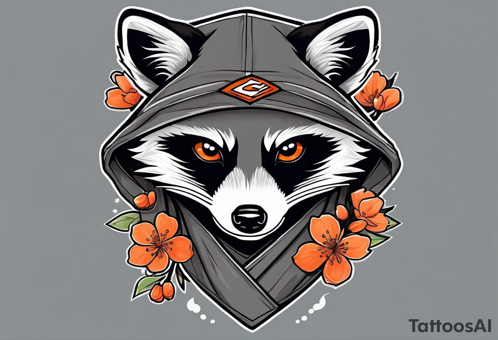 Raccoon wearing a white Superman logo on a black hoodie and orange Japanese cherry blossoms tattoo idea