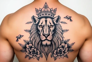 powerful majestic lion with a crown, surrounded by floral ornaments and birds tattoo idea