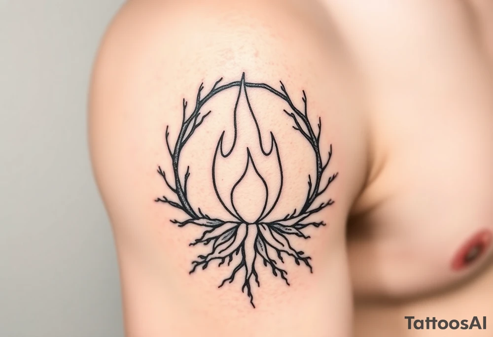 a round flame imprisoned in a roots circle tattoo idea