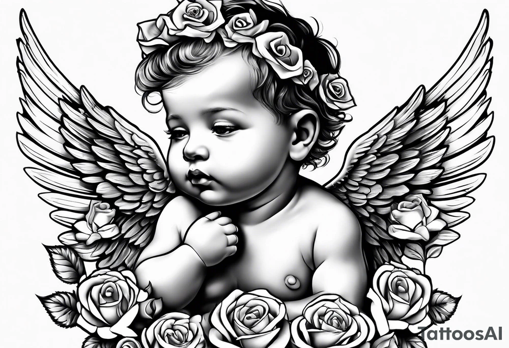 baby angel with a rose tattoo idea