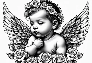 baby angel with a rose tattoo idea