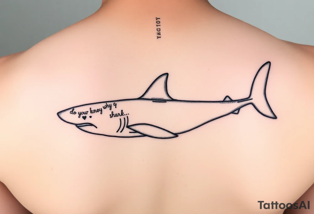 Whale shark on back by spine with the words “do you know why a shark keeps moving”wrapped around the shark tattoo idea