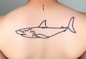 Whale shark on back by spine with the words “do you know why a shark keeps moving”wrapped around the shark tattoo idea