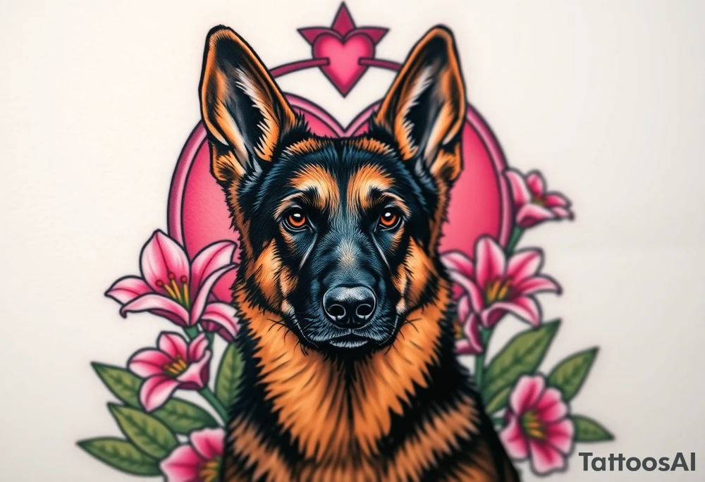 realistic german shepherd with alert ears looking protective surrounded by pink lilies with leaves in front of a sacred heart tattoo idea