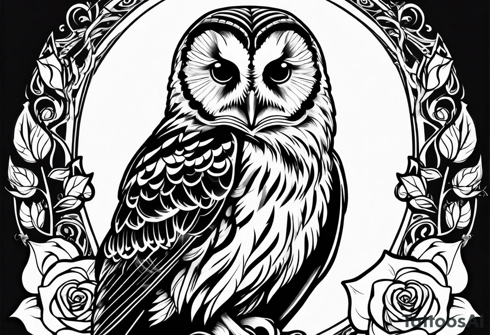 Barred owl with a single rose tattoo idea