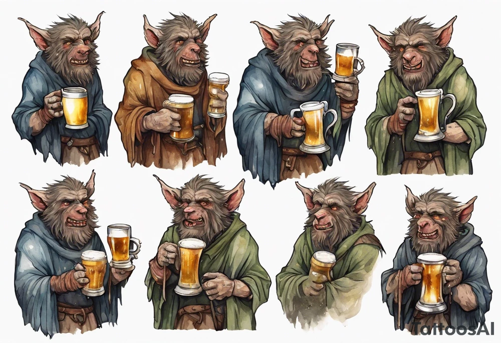 a medieval Bugbear wearing a tunic and drinking from a pewter mug of beer tattoo idea