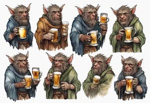 a medieval Bugbear wearing a tunic and drinking from a pewter mug of beer tattoo idea