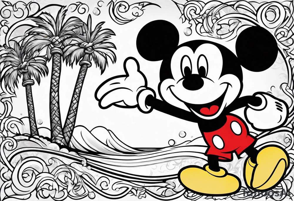 mickey mouse in a lightning storm with palm trees and the celtic symbol for family tattoo idea