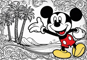 mickey mouse in a lightning storm with palm trees and the celtic symbol for family tattoo idea