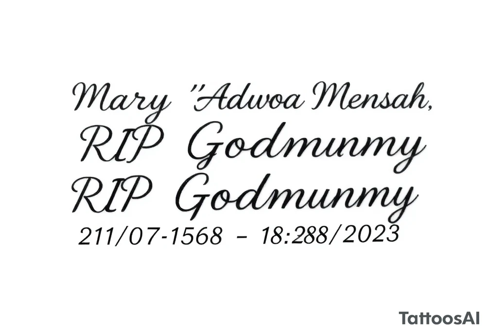 a message saying: Mary "Adwoa" Mensah, RIP Godmummy, 21/07/1958 - 28/07/2023 tattoo idea