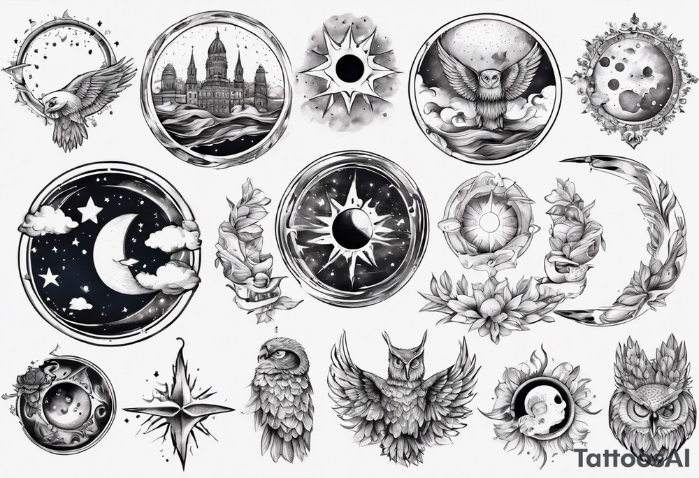 Mond und Sonne mit Eule und Wassermann und Berlin tattoo idea